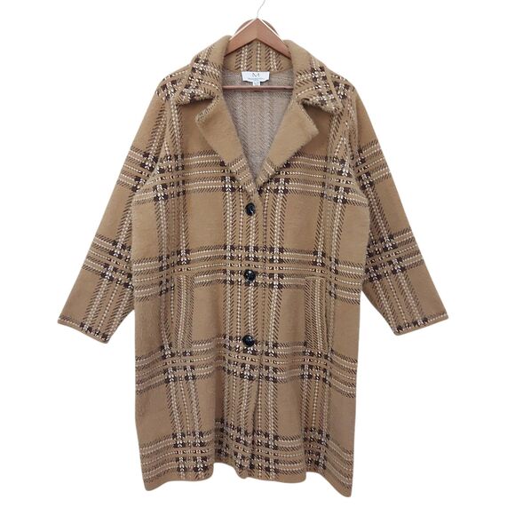 Magaschoni Coat Womens 2X Brown Plaid Long Knitted Three-Button Academia Preppy - Picture 1 of 12